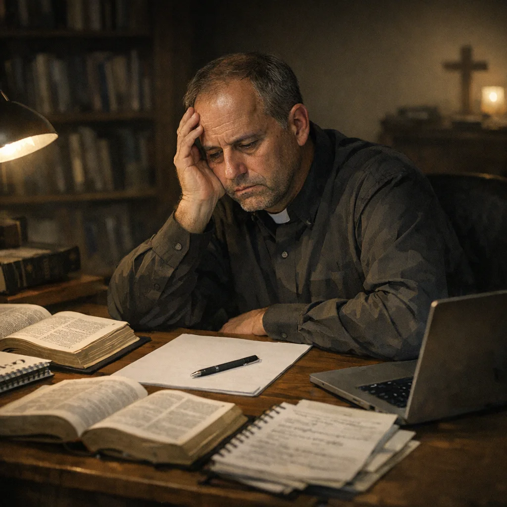 Pastor overwhelmed at desk preparing sermon